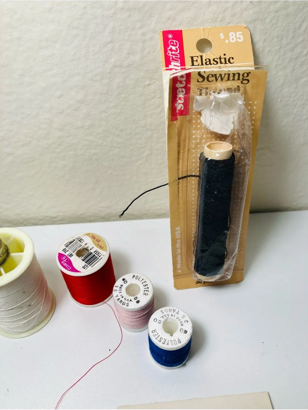 Vintage Assorted Sewing Thread Spools and Notions - White, Black, Red, Blue